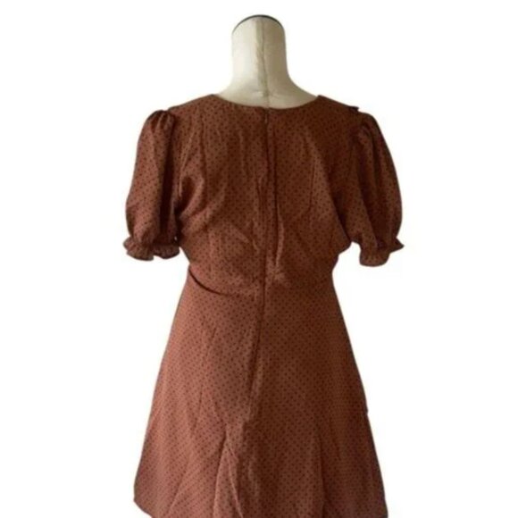 NWOT Blu Pepper POLKA DOT COLLARED VELVET TIE MINI BABYDOLL DRESS RUST BROWN - Picture 9 of 9